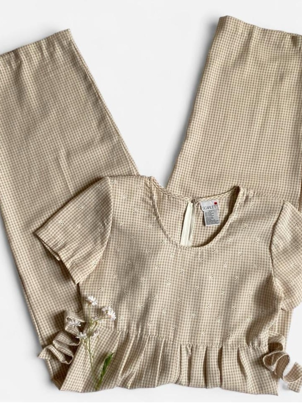 Vintage beige plaid jumpsuit - Picture 2 of 8